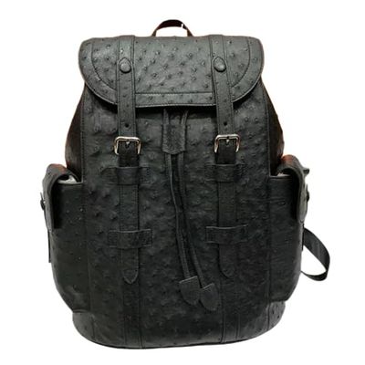 Authentic Real True Ostrich Skin Men Large Casual Black Drawstring Backpack Genuine Exotic Leather Male Leisure Travel Bag Pack