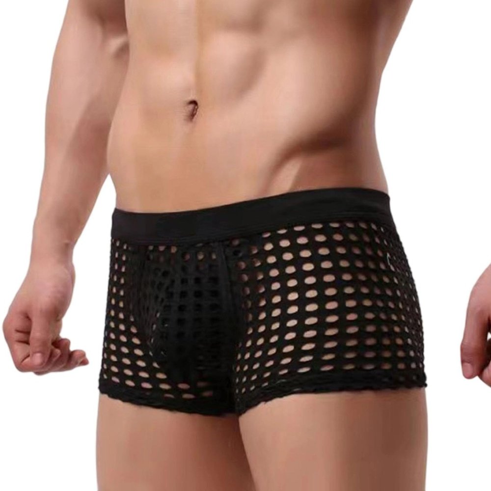 Yuecarcar Mens Sexy Boxer Briefs Breathable Hot Mesh Underwear Men's Sexy Underwear Soft Stretch Trunks Comfort (US, Alpha, 3X-Large, Regular, Short, Black)