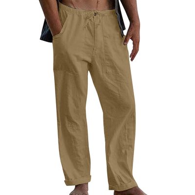 Maiyifu-GJ Men's Linen Cotton Loose Fit Pants Casual Sweatpants Lightweight Elastic Waist Drawstring Pants Jogger Trousers (Khaki 1,Small)
