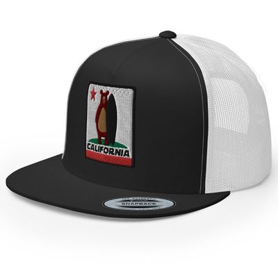 RIVEMUG California Surf Bear Flat Bill Trucker Hat High Crown Adjustable Cap Black/White