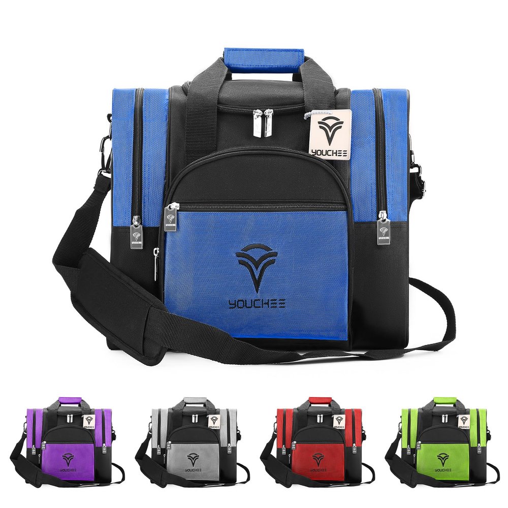 Youchee Bowling Ball Tote Bag with Padded Ball Holder, Holds One Ball, One Pair of Bowling Shoes Up to Mens Size 15, and multifunction Accessory Pockets. (Blue)