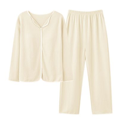 Generic Pajamas for Women Soft Sleepwear Set Long Sleeve Comfy Pjs Top Loose Pajamas Long Pants Loungewear 2 Piece Lounge Sets, Large, A02_beige