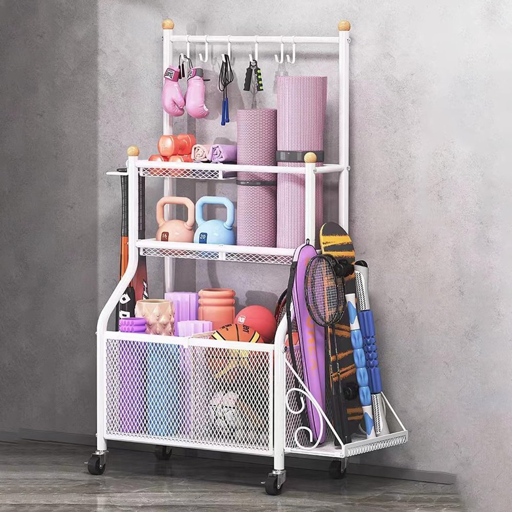 ToeWoe Yoga Mat Storage Rack with 4 Wheels and 6 Hooks 3-Tiers Removable Weight Holder with Side Basket Home Gym Equipment Organizer for Dumbbells Kettlebells Balls Etc (Color : White)