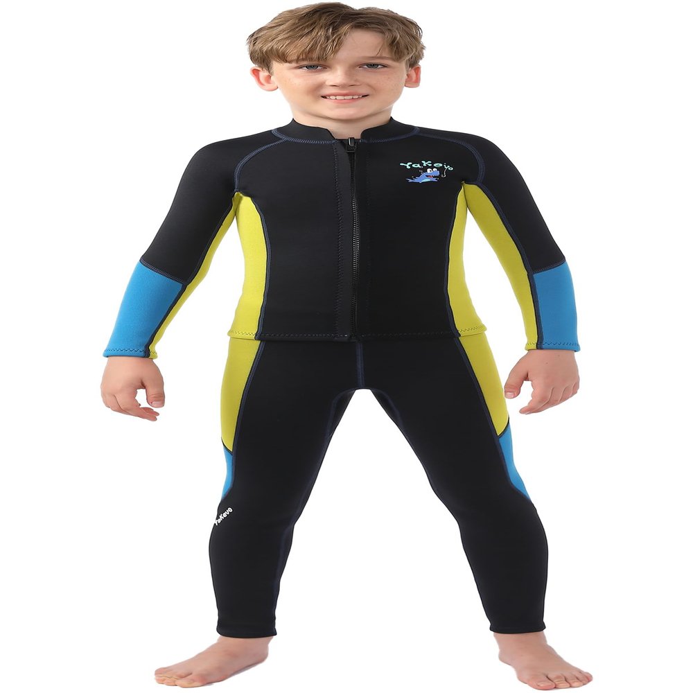 2 Pcs Boys Girls 2.5mm Long Sleeve Wetsuit Top Jacket with Neoprene Wetsuit Pant Set for Surfing Dive Snorkeling Water Sports