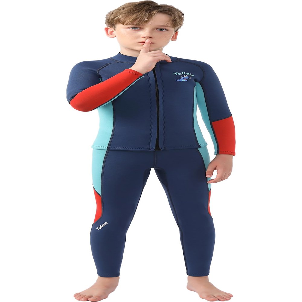 2 Pcs Boys Girls 2.5mm Long Sleeve Wetsuit Top Jacket with Neoprene Wetsuit Pant Set for Surfing Dive Snorkeling Water Sports