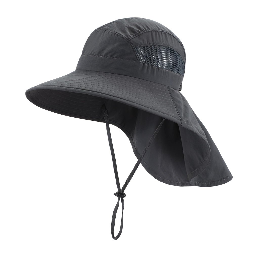 Home Prefer UPF50 Wide Brim Kids Sun Hat Neck Flap Boys Sun Protection Beach Hat Dark Grey Large