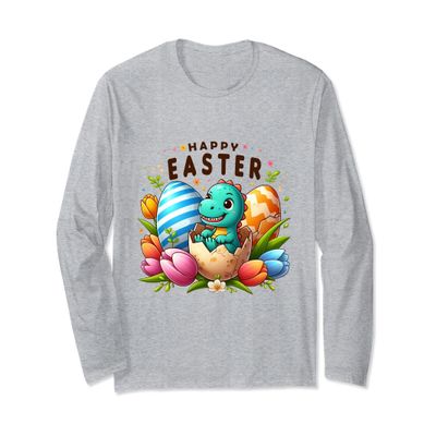 Cute Dino Easter Hatch Happy Easter Eggs Floral Blooms Long Sleeve T-Shirt