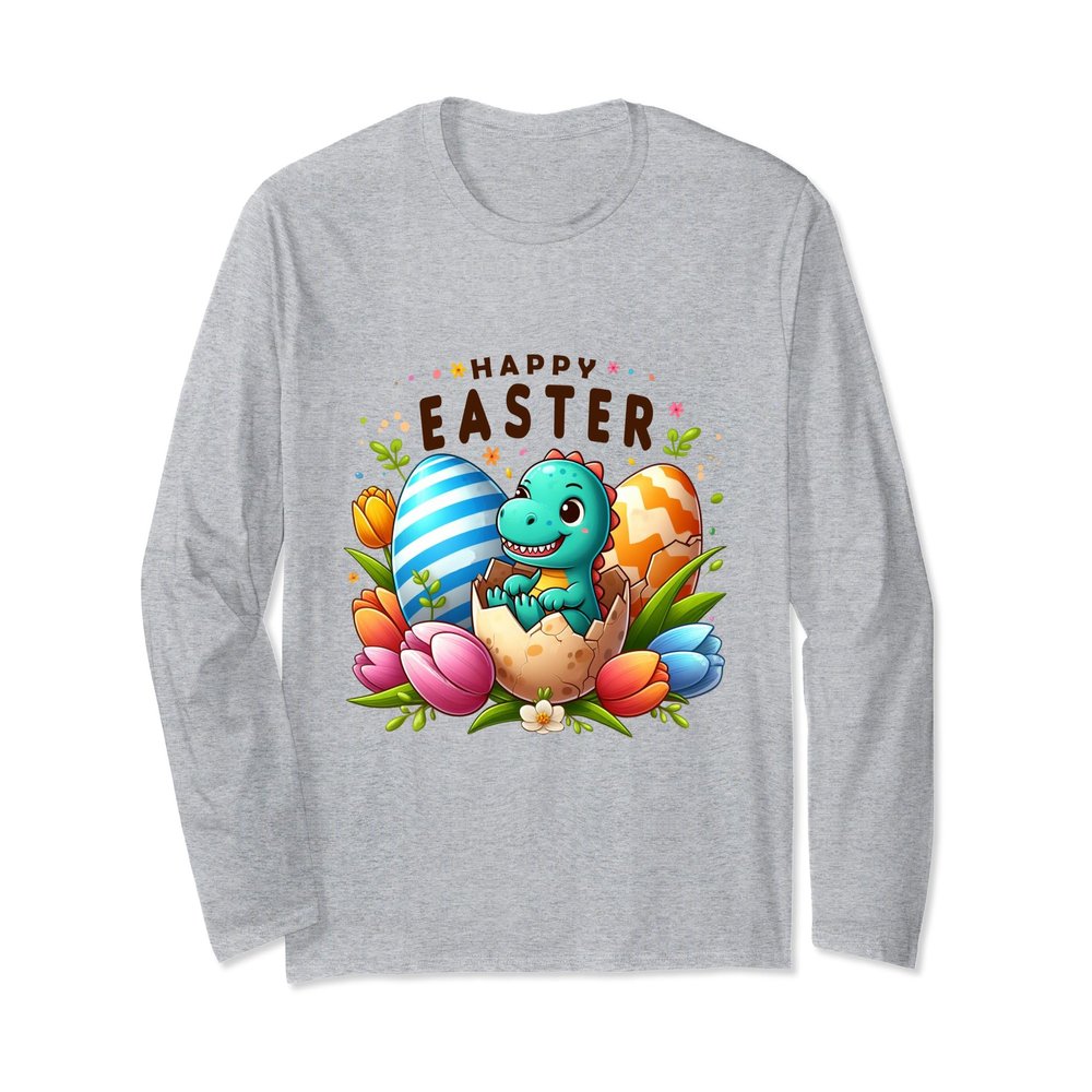 Cute Dino Easter Hatch Happy Easter Eggs Floral Blooms Long Sleeve T-Shirt