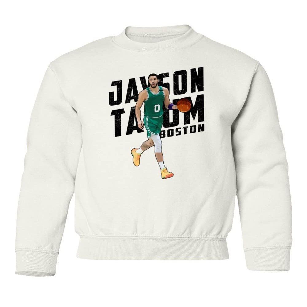 RIVEBELLA Tatum Boston Basketball Star Sports Fans Youth Crewneck Sweatshirt (White, Youth Medium)