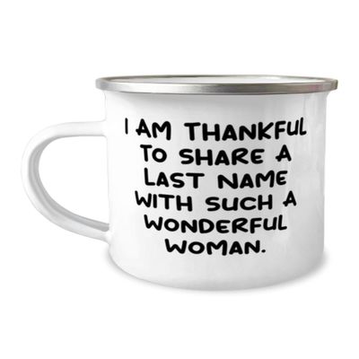 Special Mother-in-law 12oz Camping Mug, I Am Thankful To Share A Last Name With, Present For Mom, Brilliant Gifts From Daughter