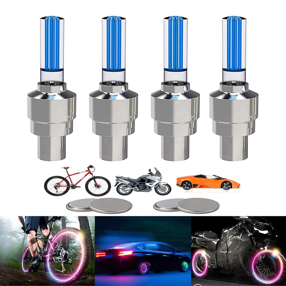 YUERWOVER 4 Pack LED Bike Wheel Stick Light Car Tire Valve Stem Cap Bicycle Motor Tyre Flash Light Reflector Accessories for Kids Men Women with 10 Extra Batteries(Blue)