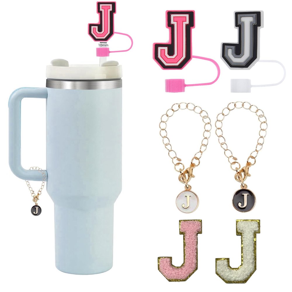 6PCS Stanley Cup Letter Charm Accessories, Silicone Straw Cover Cap Toppers, Adhesive Chenille Letters Patch Sticke for Stanley 30 40 Oz Tumblers Handle Decor J