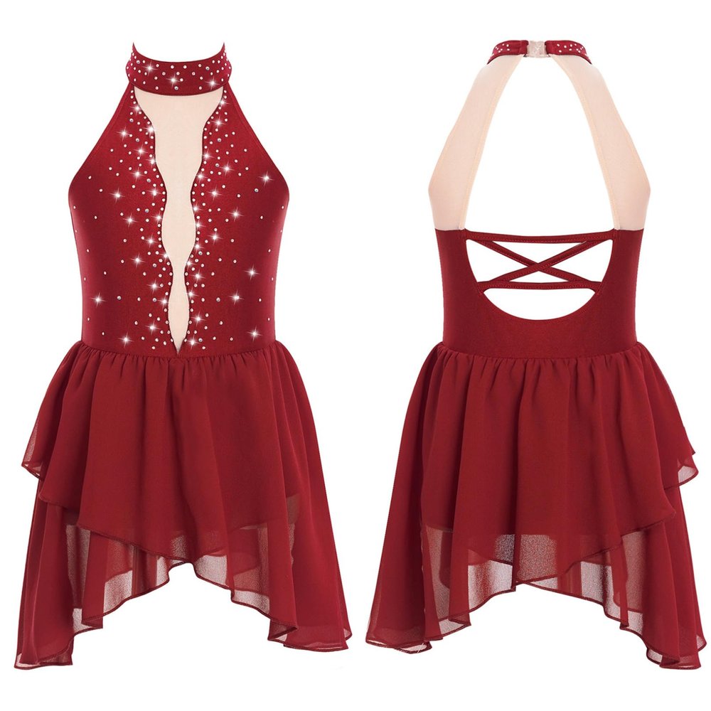 JEATHA Girls Figure Ice Skating Dress Leotard Sleeveless Mock Neck Rhinestones Splice Sheer Mesh Dance Costume Burgundy 8 Years