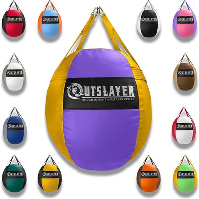 OutSlayer Wrecking Ball Heavy Bag 70 Lb - Boxing, MMA, Muay Thai Training - Custom Colors - Unfilled/Soft/Filled - USA Made (Purple/Yellow, Unfilled)