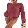 Bsubseach Swimsuit Coverup for Women Knitted Beach Cover Up Long Sleeve Crochet Tops Hot Pink L view 1