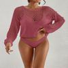 Bsubseach Swimsuit Coverup for Women Knitted Beach Cover Up Long Sleeve Crochet Tops Hot Pink L view 2