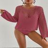Bsubseach Swimsuit Coverup for Women Knitted Beach Cover Up Long Sleeve Crochet Tops Hot Pink L view 3