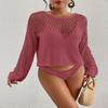 Bsubseach Swimsuit Coverup for Women Knitted Beach Cover Up Long Sleeve Crochet Tops Hot Pink L view 4