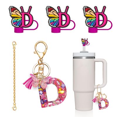 DMLNN Straw Cover for Stanley Cup, 3Pcs Butterfly Initial Keychains for Women, Cute Silicone Covers for Stanley Cups 30&40 Oz - RoseRed (Letter D)