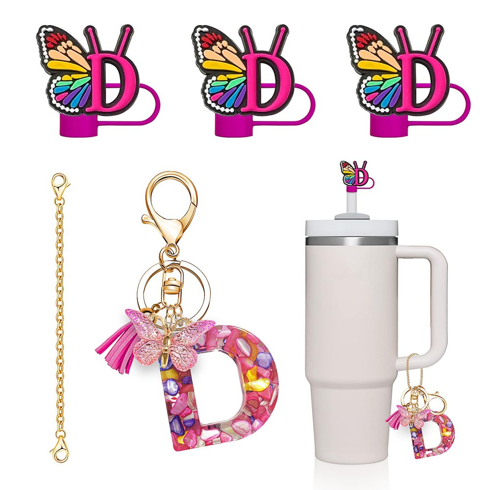 DMLNN Straw Cover for Stanley Cup, 3Pcs Butterfly Initial Keychains for Women, Cute Silicone Covers for Stanley Cups 30&40 Oz - RoseRed (Letter D)