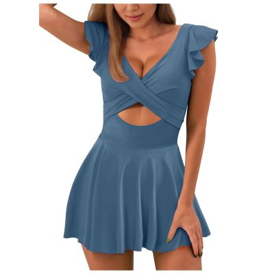 asntrgd Retro Swimsuit Romper for Women Flayaway Floral Tankini Bathing Suits with Underwire Two Pieces Cutout High Waisted Blue