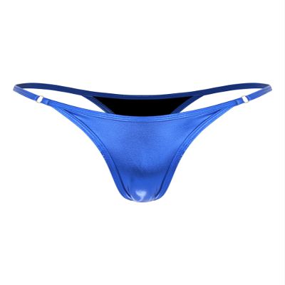 Hularka Women's Thong Bikini Bottoms Shiny Metallic High Waist T-Back Bathing Suits Bottoms Blue Small