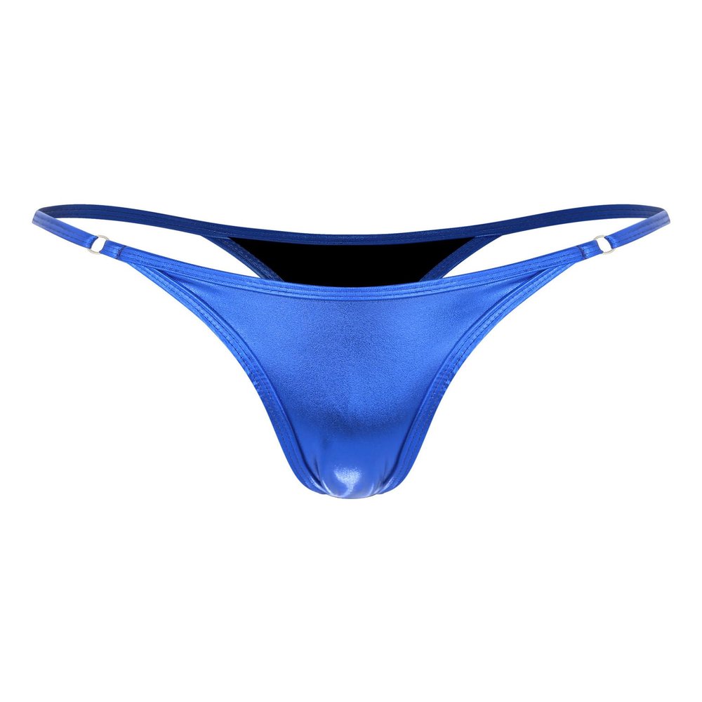 Hularka Women's Thong Bikini Bottoms Shiny Metallic High Waist T-Back Bathing Suits Bottoms Blue Small