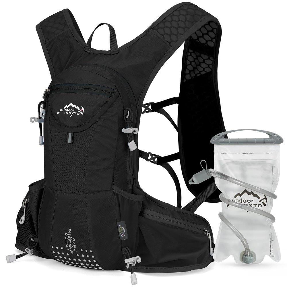 IX INOXTO Hydration Pack Backpack, Lightweight Water Backpack with 2L Hydration Bladder Daypack for Men Women,Running Hydration Vest for Trail Running Hiking Cycling Race Climbing (All Black - 2L)