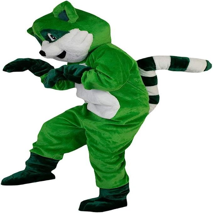 Green Raccoon Mascot Costume Adult Size for Men & Women with Built-in Fan Inside the Head