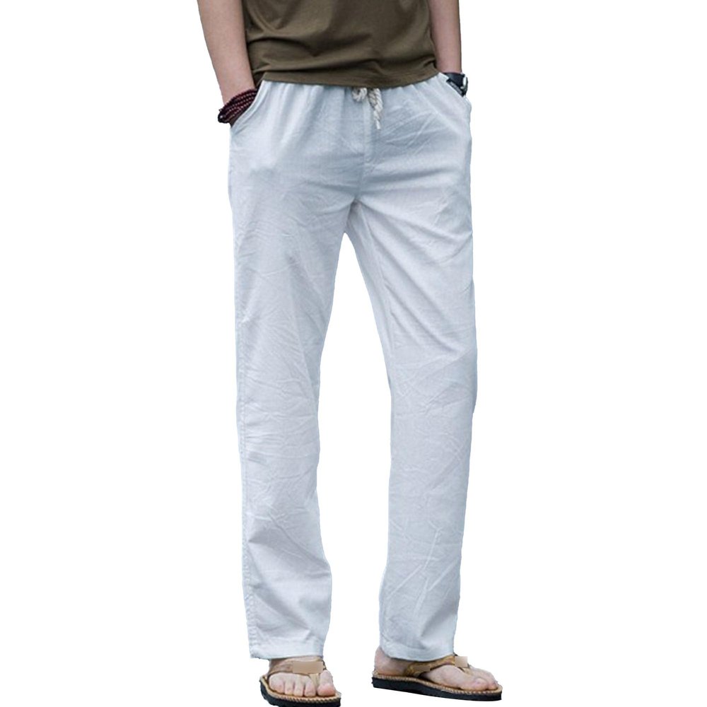 Maiyifu-GJ Cotton Linen Joggers Pants for Men Summer Casual Drawstring Sweatpants Loose Fit Running Workout Trousers (White,3X-Large)