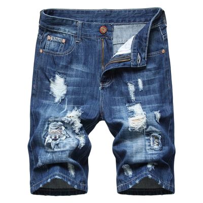 Mens Vintage Ripped Denim Shorts Mid Waist Moto Biker Straight Jeans Shorts Washed Distressed Street Short Jeans (Blue2,38)