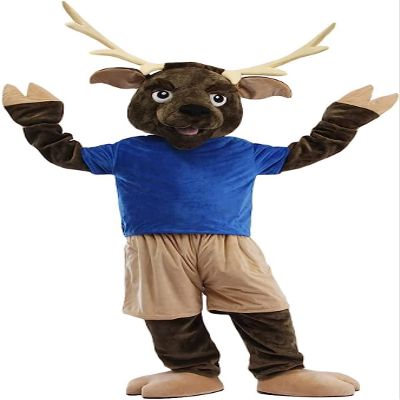 Brown Reindeer Mascot Costume in Blue Shirt Adult Size for Men & Women with Built-in Fan Inside the Head