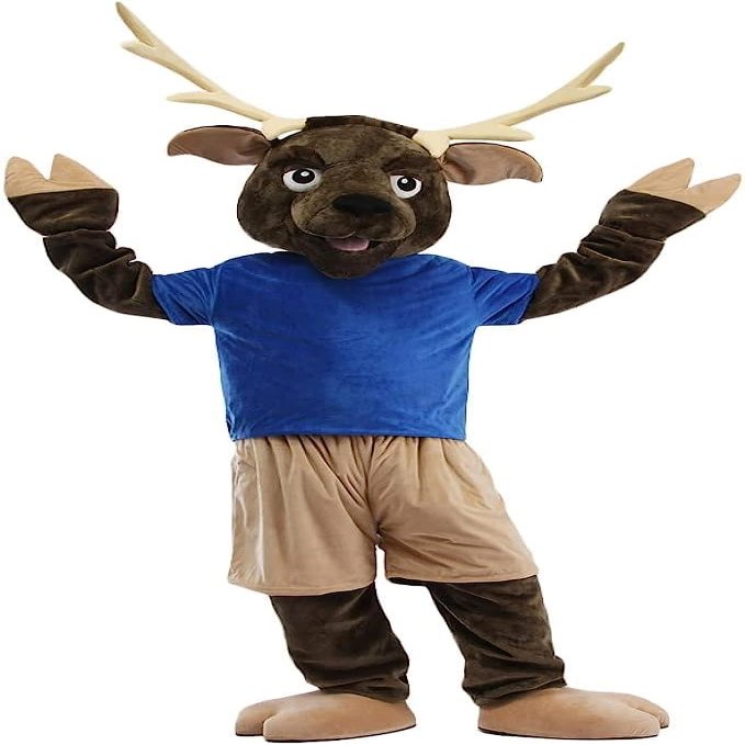 Brown Reindeer Mascot Costume in Blue Shirt Adult Size for Men & Women with Built-in Fan Inside the Head