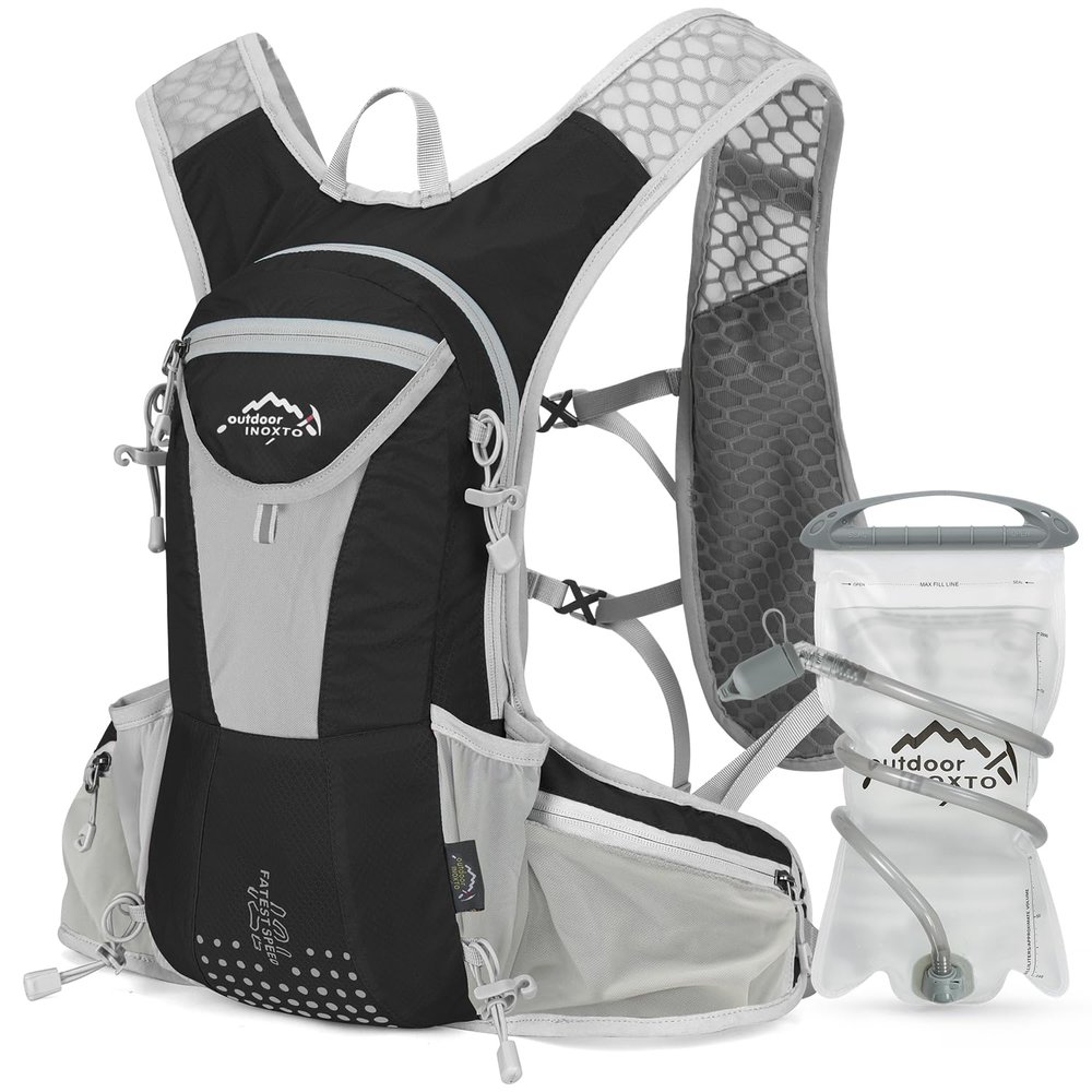 IX INOXTO Hydration Pack Backpack, Lightweight Water Backpack with 2L Hydration Bladder Daypack for Men Women,Running Hydration Vest for Trail Running Hiking Cycling Race Climbing (Black Grey - 2L)