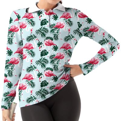 GGOV Women's Golf Polo Shirts Long Sleeve Workout Tops UPF 50+ Sun Protection Quick Dry Lightweight Active Tennis Shirts Flamingo