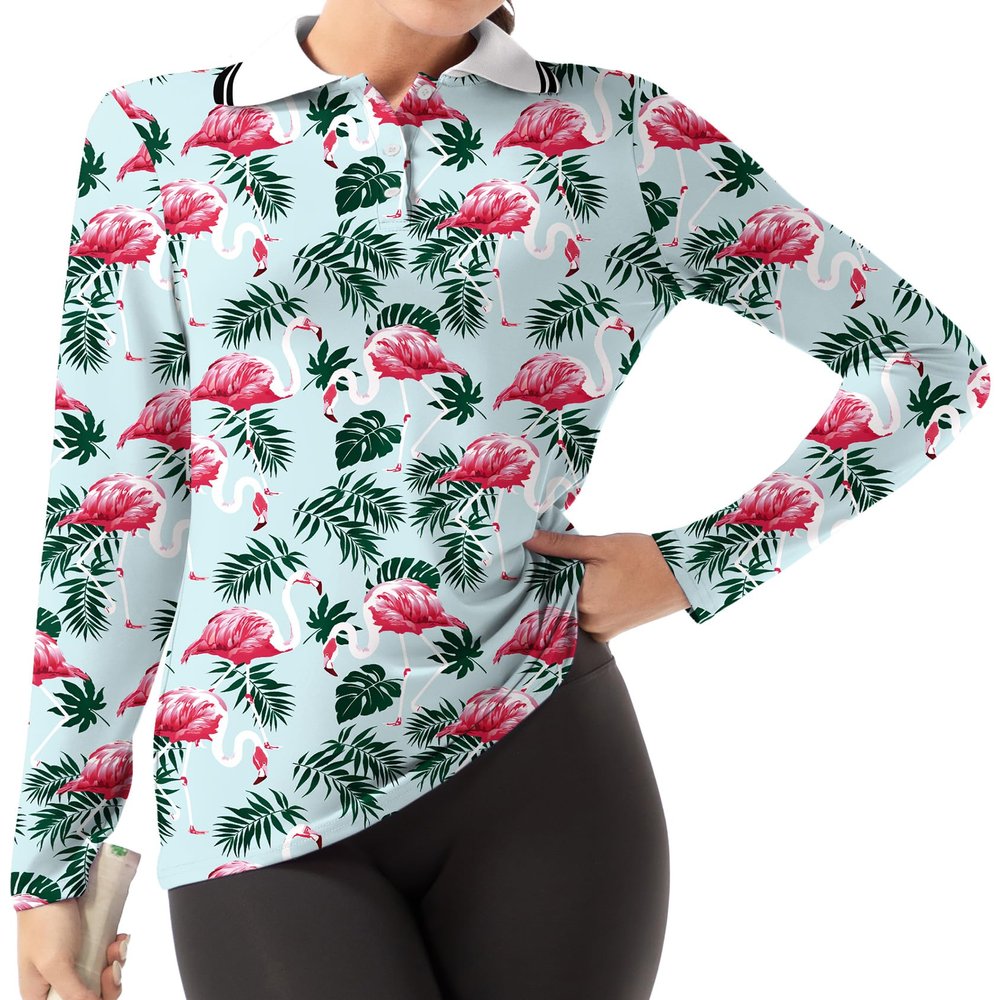 GGOV Women's Golf Polo Shirts Long Sleeve Workout Tops UPF 50+ Sun Protection Quick Dry Lightweight Active Tennis Shirts Flamingo