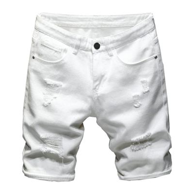 Mens Classic Fit Ripped Jean Shorts Distressed Casual Denim Shorts with Pocket Summer Punk Straight Denim Shorts (White,28)