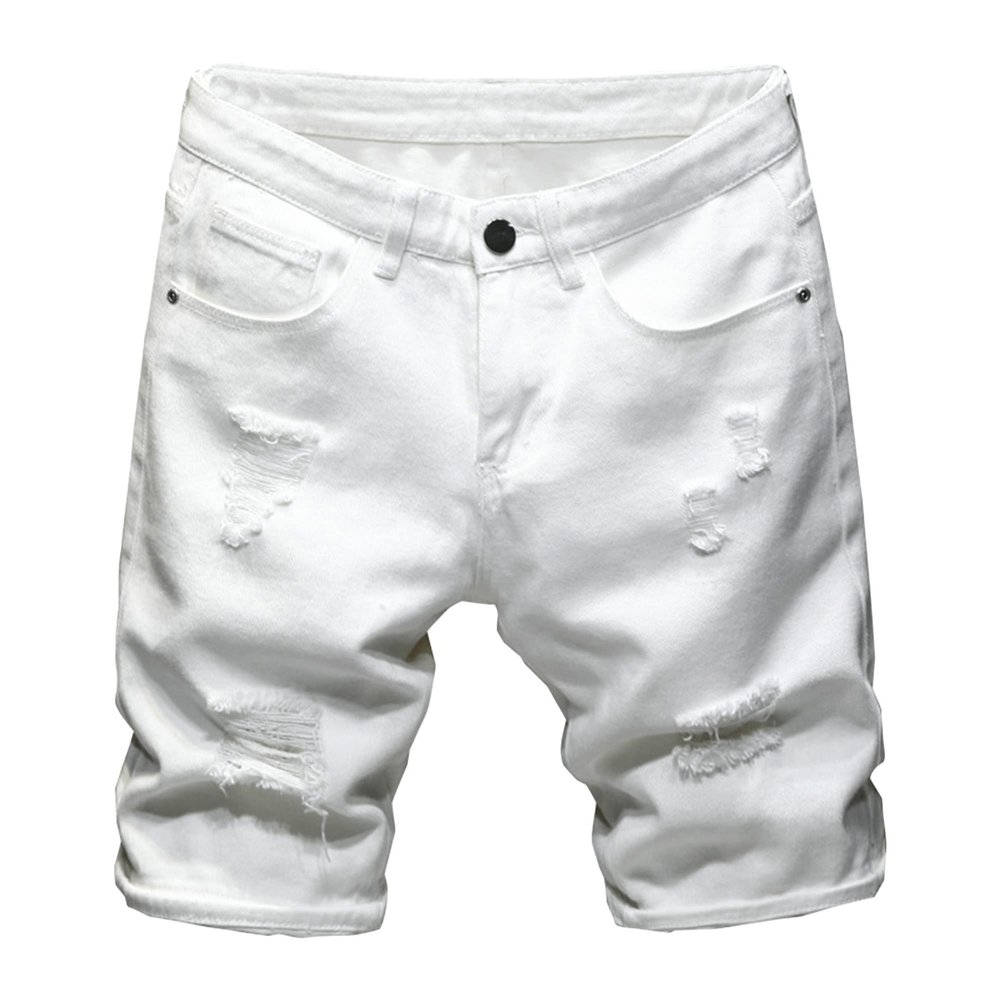 Mens Classic Fit Ripped Jean Shorts Distressed Casual Denim Shorts with Pocket Summer Punk Straight Denim Shorts (White,28)