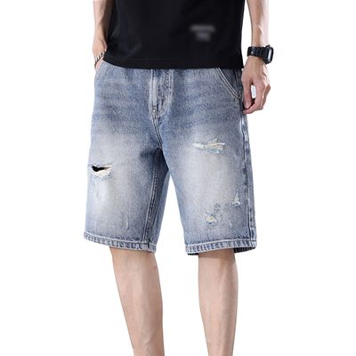 JEsilunmaMY Men's Slim Fit Holes Denim Shorts Summer Casual Loose Ripped Short Jeans Distressed Baggy Biker Jeans Shorts (Blue,32)