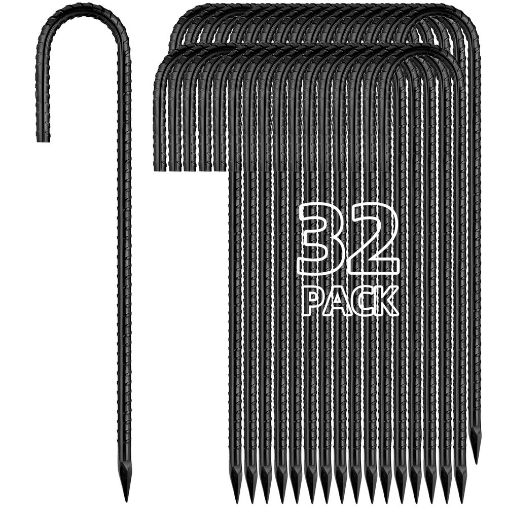 Besitu 12 Inch Rebar Stakes J Hook Ground Stakes 32-Pack Heavy Duty Galvanized Chain Link Fence Stakes Metal Tent Stakes for Outdoor Lawn Decorations Inflatables Canopy Swing Set