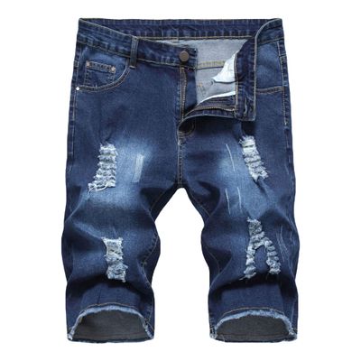 JEsilunmaMY Summer Ripped Denim Shorts for Men Mid Waist Stretch Skinny Short Jeans Distressed Slim Fit Straight Jean Shorts (Dark Blue,28)