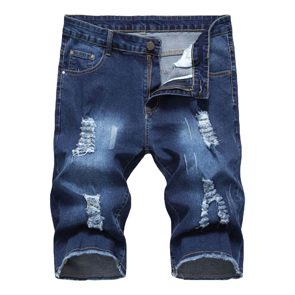 JEsilunmaMY Summer Ripped Denim Shorts for Men Mid Waist Stretch Skinny Short Jeans Distressed Slim Fit Straight Jean Shorts (Dark Blue,28)