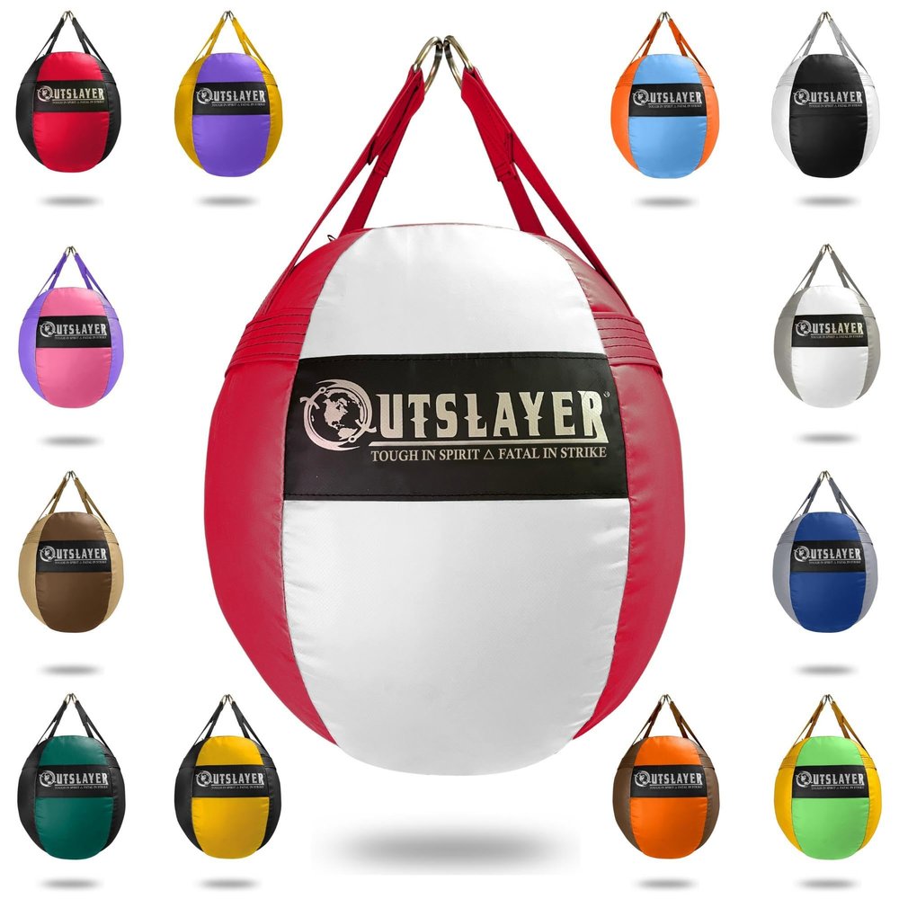 OutSlayer Wrecking Ball Heavy Bag 70 Lb - Boxing, MMA, Muay Thai Training - Custom Colors - Unfilled/Soft/Filled - USA Made (White/Red, Unfilled)