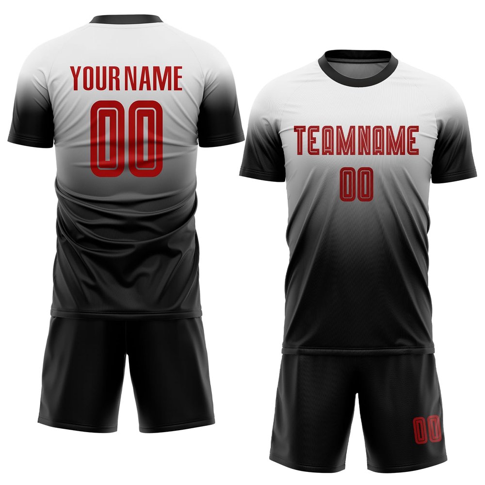 Custom Black White Gradient Soccer Jersey Sets for Men Youth Boys Women, Personalized Football T Shirts and Shorts Design Your Own Team Uniforms with Name Number Logo Print Front and Back