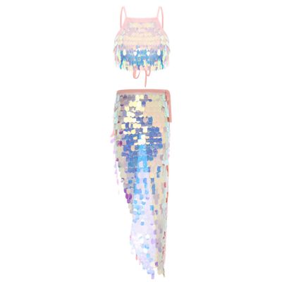 Agoky Women's Shiny Sequin Latin Dance Skirts Ballet Tops with Lace-up Waist Side Split Skirts Pink Medium