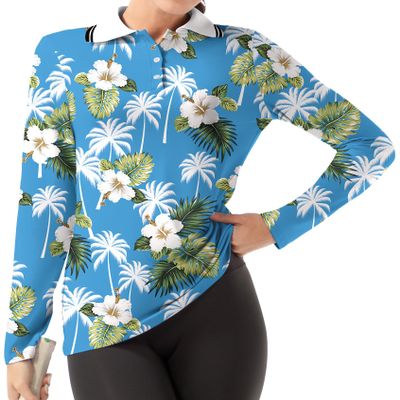 GGOV Women's Golf Polo Shirts Long Sleeve Workout Tops UPF 50+ Sun Protection Quick Dry Lightweight Active Tennis Shirts Blue Flowers