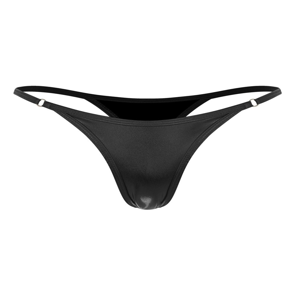 Hularka Women's Thong Bikini Bottoms Shiny Metallic High Waist T-back Bathing Suits Bottoms Black Medium