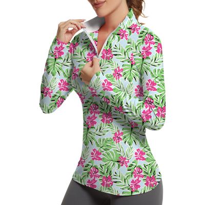 GGOV Golf Shirts for Woman UPF 50+ Sun Protection Quick Dry Lightweight Long Sleeve Polo Shirts for Woman Rash Guard Red Flowers