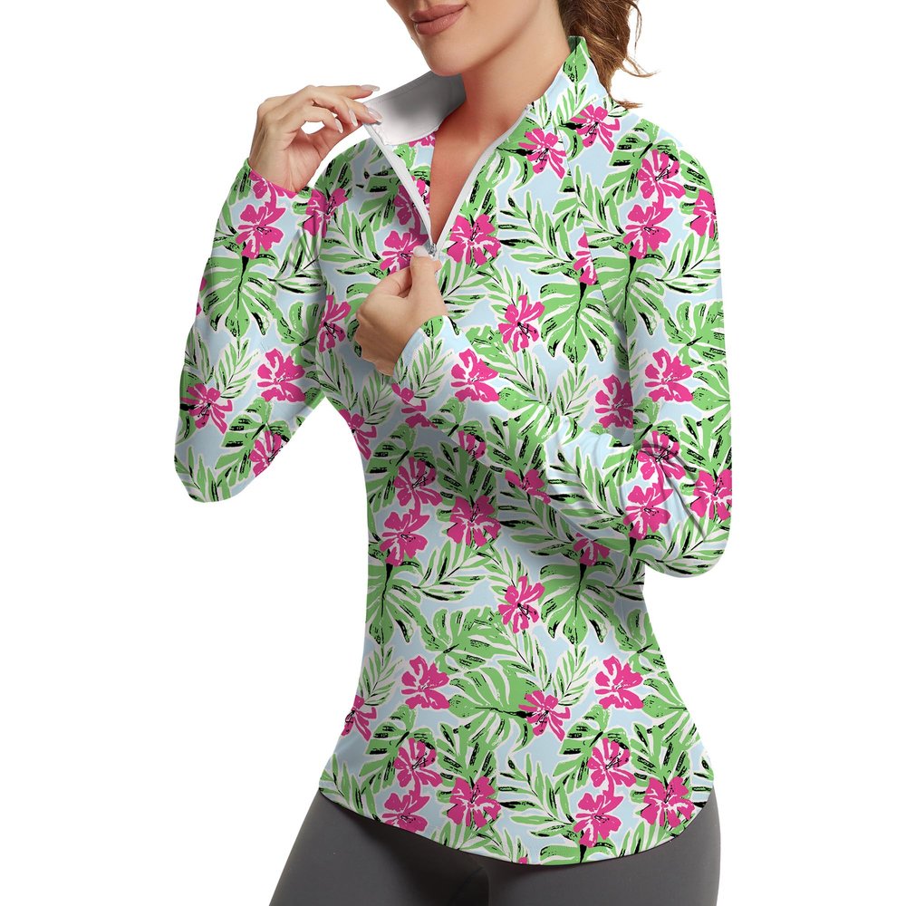 GGOV Golf Shirts for Woman UPF 50+ Sun Protection Quick Dry Lightweight Long Sleeve Polo Shirts for Woman Rash Guard Red Flowers