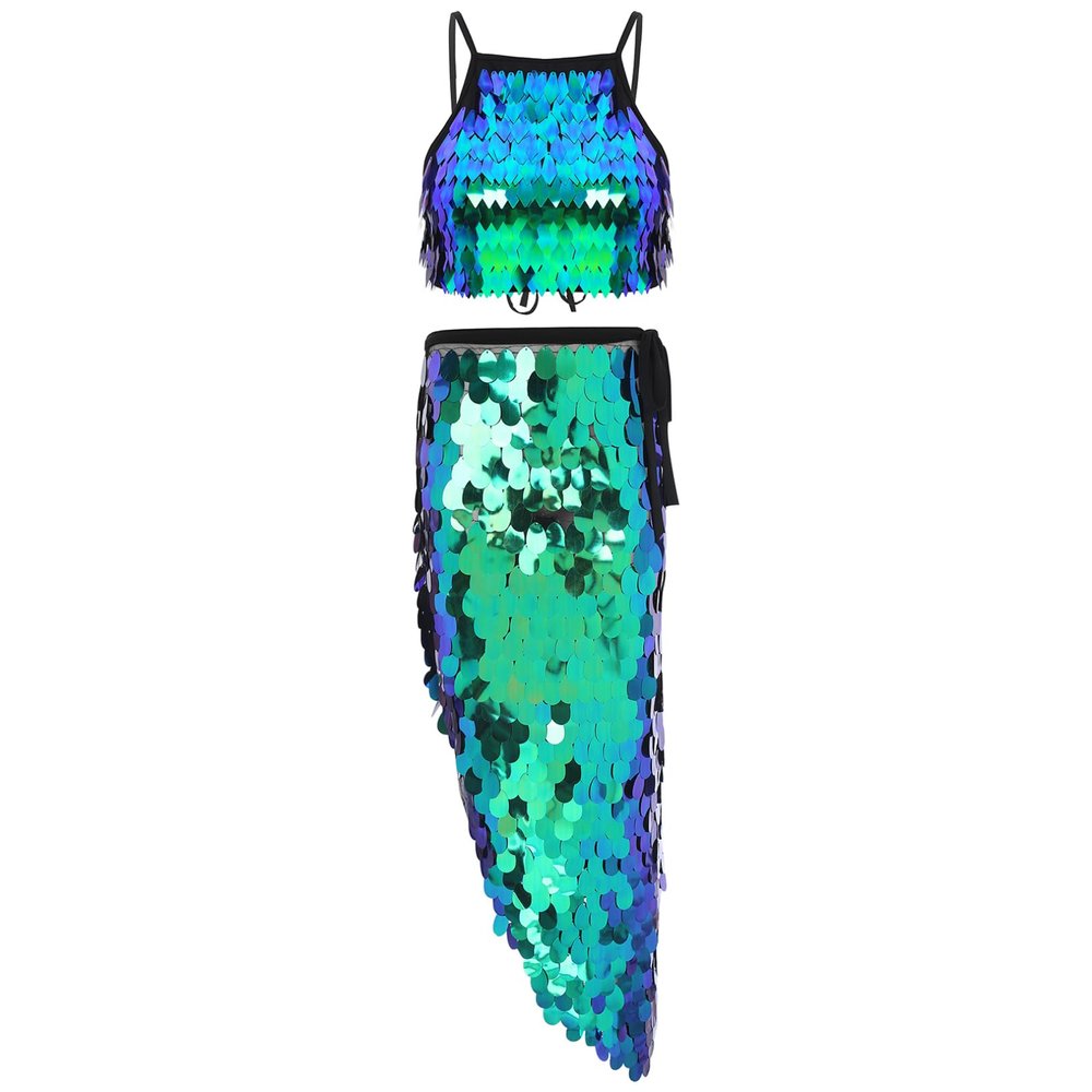 Agoky Women's Shiny Sequin Latin Dance Skirts Ballet Tops with Lace-up Waist Side Split Skirts Green Medium